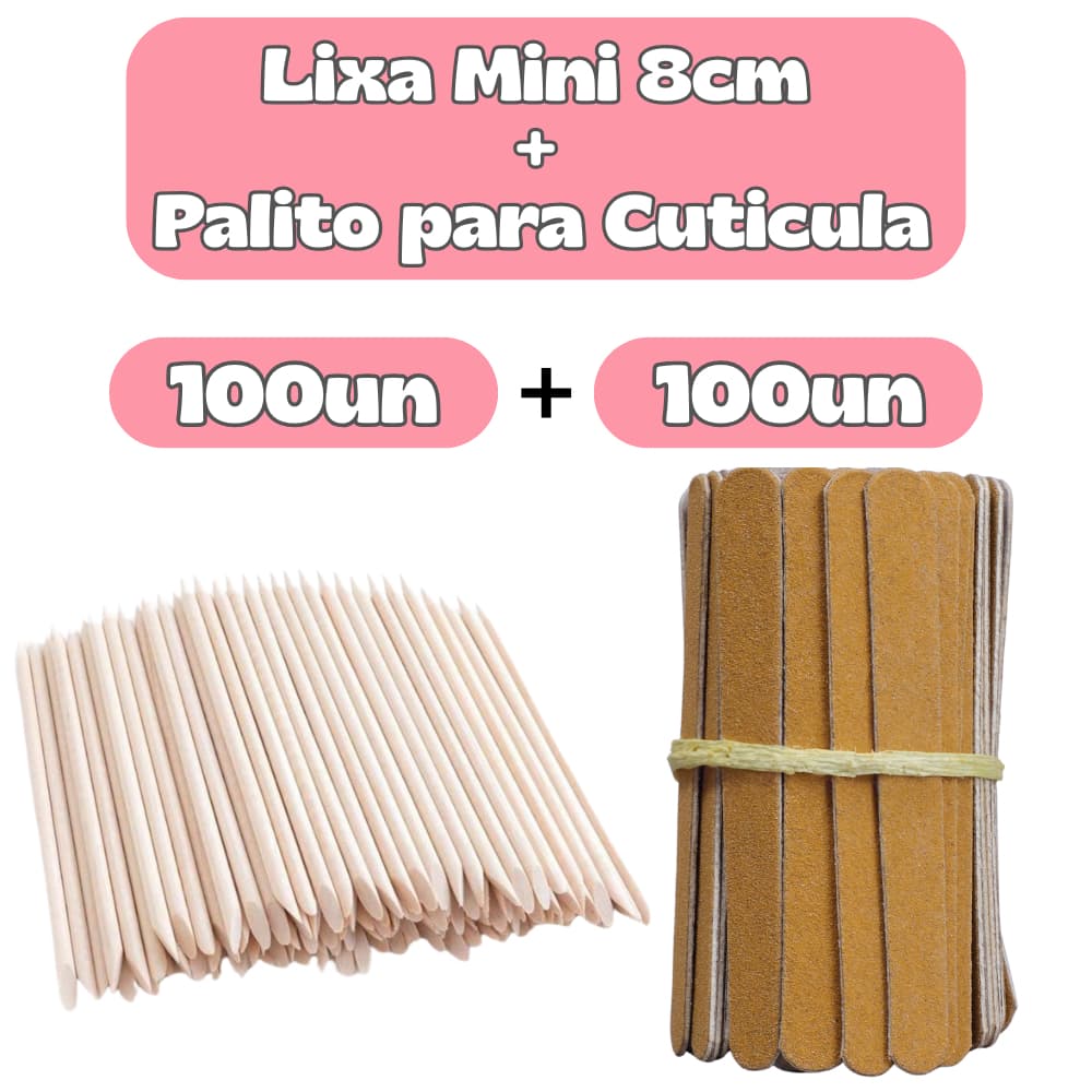 100 Mini Lixas Pardas + 100 Palitos Cutícula Higiene Salão Nail Design