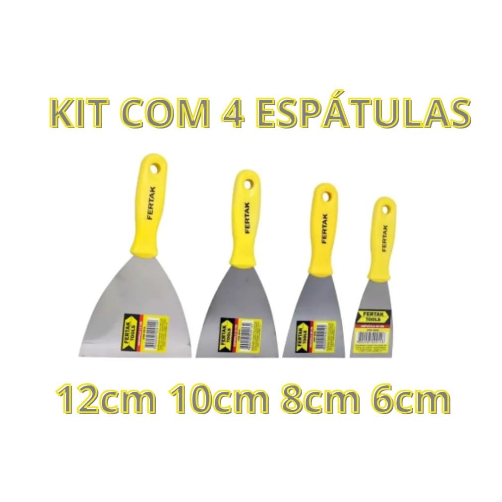 Kit Espátulas Fertak 4 peças 6 8 10 12cm Multiuso para Massa e serviços em geral Espátula em Aço cabo em pvc