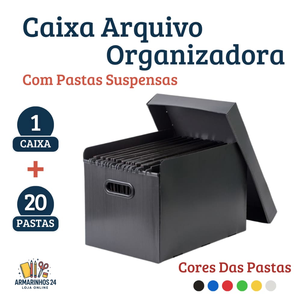 Caixa Organizadora Plástica de Arquivo Pasta Suspensa Preta A4 Com Tampa Kit 1 Caixa + 20 Pastas Diversas Cores