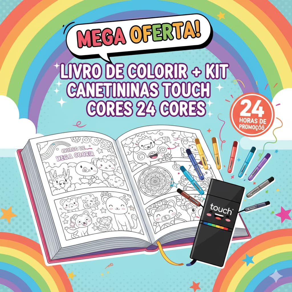 KIT LIVRO DE COLORIR + CANETINHAS TOUCH 24 CORES | Marcador Desenho Arte Pintura Dupla Ponta Profissional Presente