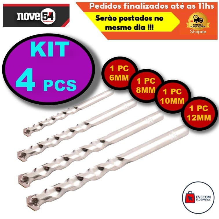 Kit com 4 brocas metal duro videa para concreto parede tijolos blocos pisos alvenaria (1x6mm, 1x8mm, 1x10mm e 1x12mm)
