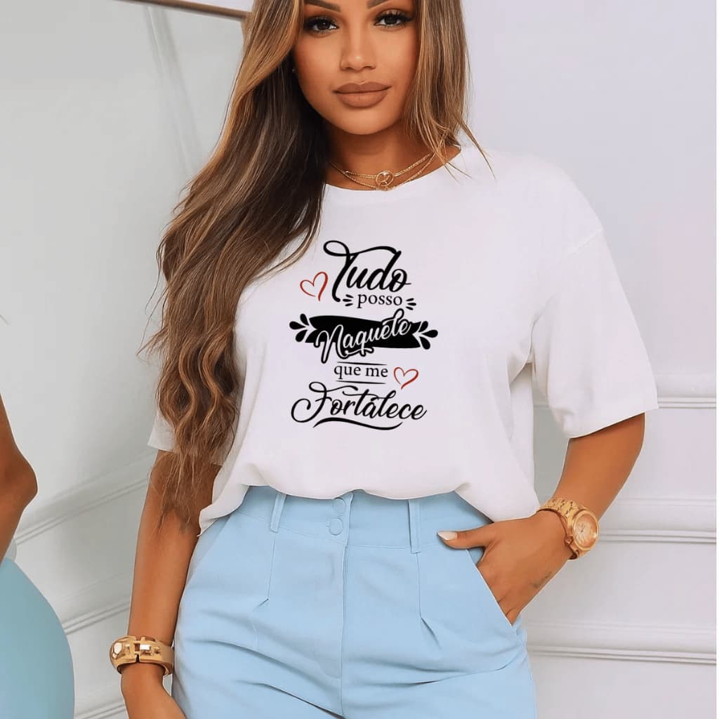 Camiseta Feminina Estampada Cristão Frase Bíblica 100% Algodão Blusa Camisa Manga Curta Academia