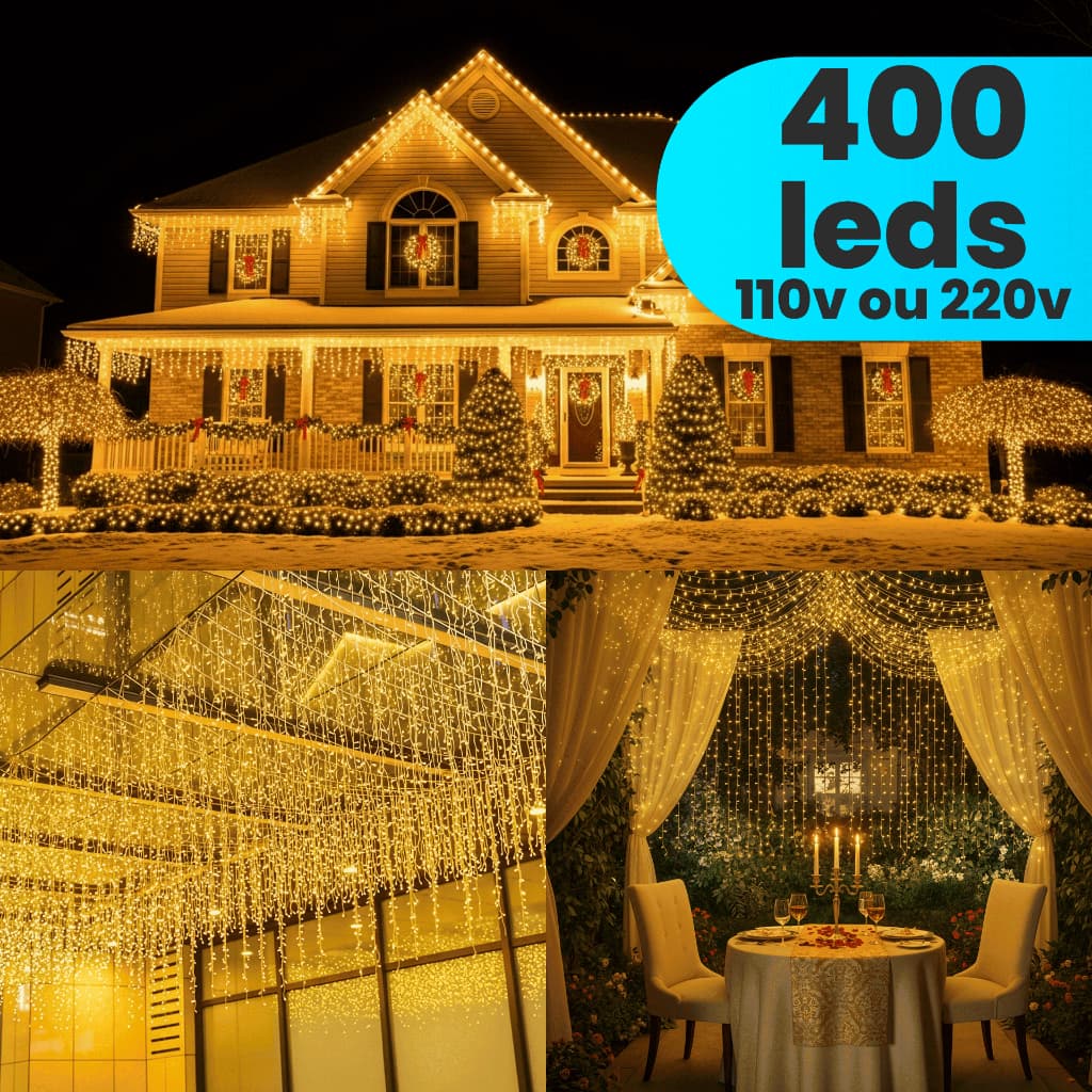 Cascata 400 Led's 10m Branco Quente Natal  8 Funções Pisca/Fixo 110/220V