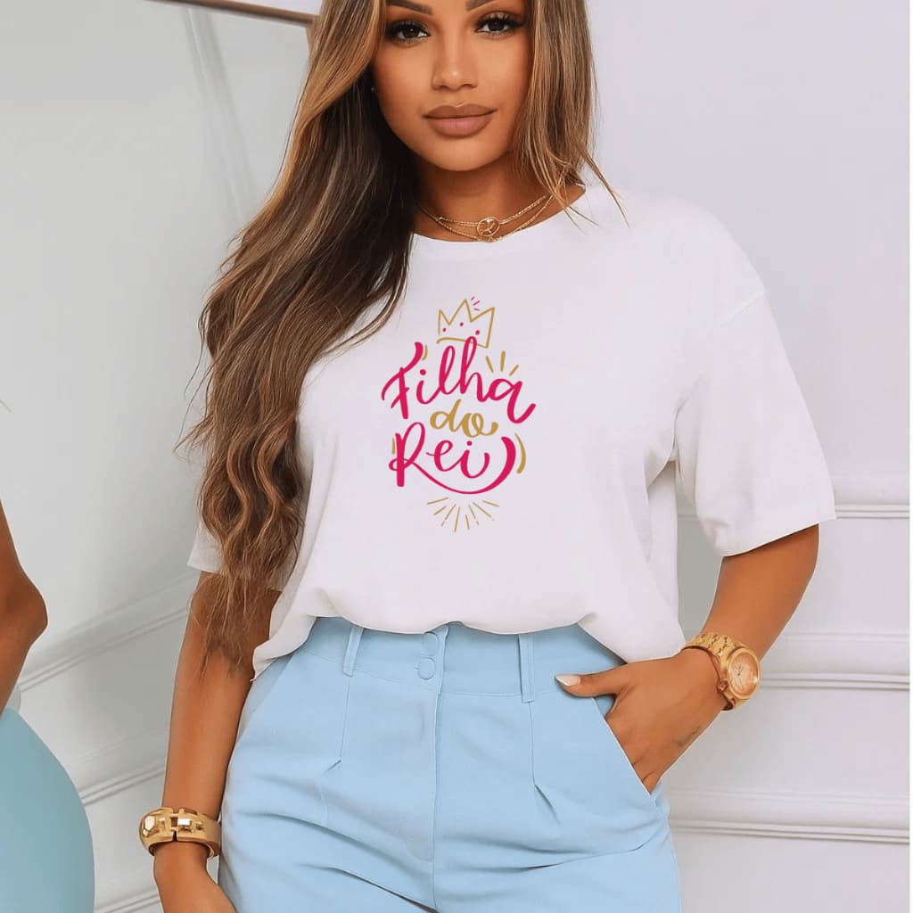 Camiseta Feminina Estampada Cristão Filha Do Rei 100% Algodão Blusa Camisa Manga Curta Academia