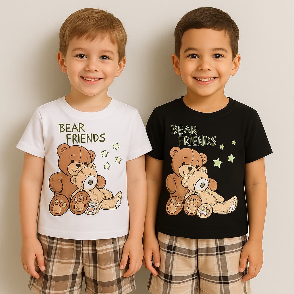Conjunto De Pijama Infantil “Bear Friends” Conforto Para Os Pequenos – Brilha no Escuro!  Conjunto De Menino ✨🐻