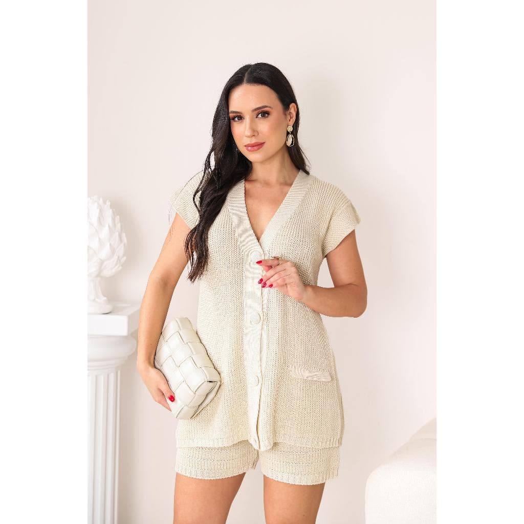 Conjunto Tricot Feminino Shorts e Max Colete com Botões Camisa Blusa Moda Feminina Verão Confortável