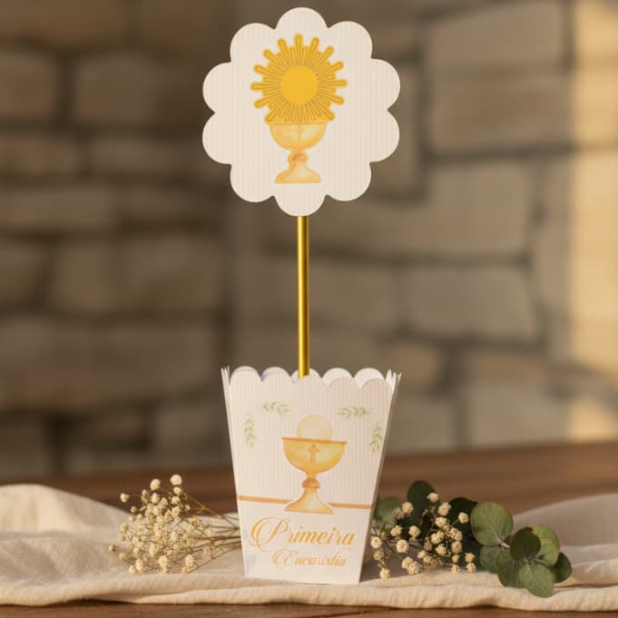 Centro de Mesa Cachepot Pipoca - PRIMEIRA EUCARISTIA - Lembrancinha e Decoração de festa - Pegue e Monte - Personalizado