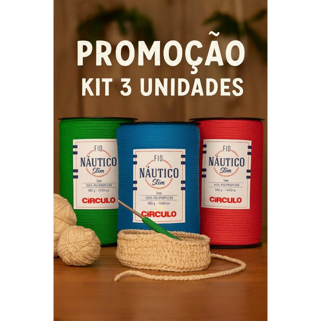 Kit 3 Unidades Fio Náutico Slim 3mm 400g Círculo – Cores Aleatórias para Crochê, Tricô e Macramê