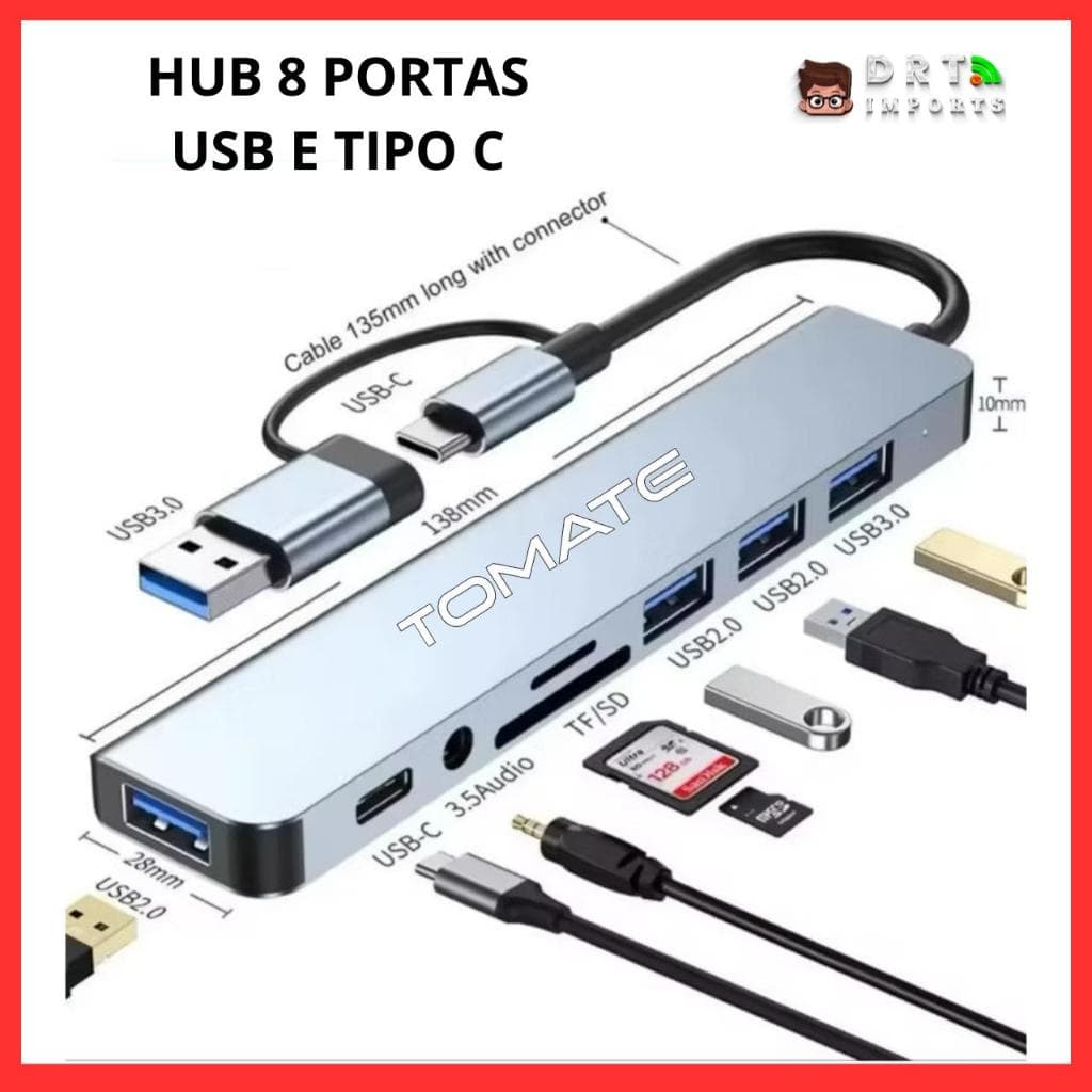 HUB COM 8 PORTAS TF/ SD / USB 2.0 / USB 3.0 / USB-C / P2 TOMATE MST-015