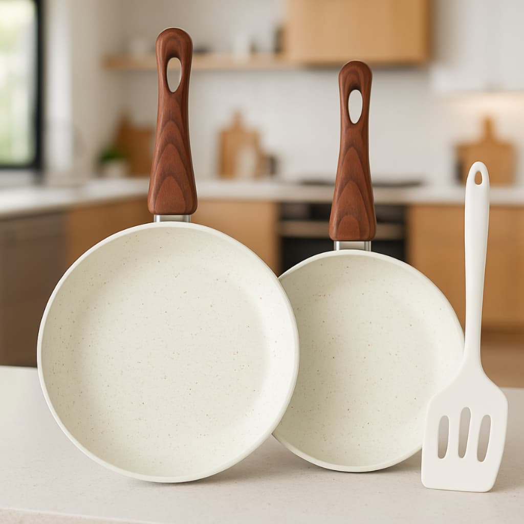 Kit 2 Frigideiras 20/24 cm Antiaderente Revestimento Cerâmico com Espátula Silicone Cinza Bege Para Fogão a Gás Elétrico