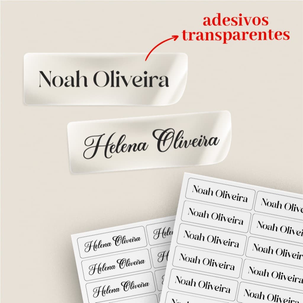 110 Adesivos Transparentes Personalizados com Nome 4,00x1,00 cm