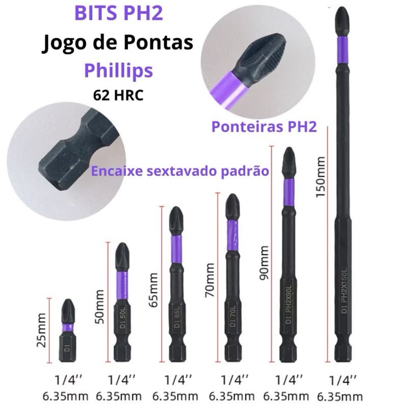 Conjunto De Brocas Magnéticas Com 6 Unidades Chave De Impacto Antiderrapantes E À Prova De Choque Chave Philips