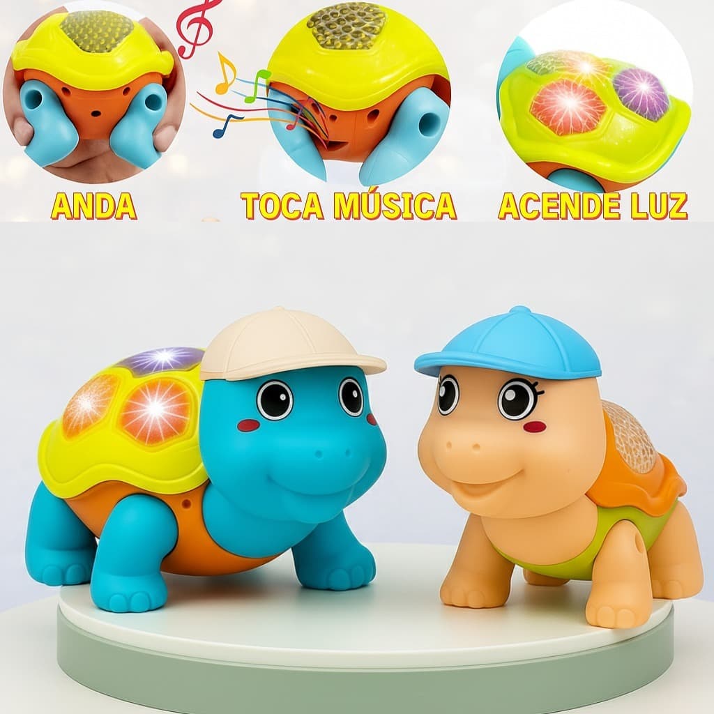 Brinquedo Tartaruga Que Anda Com Som Luz Colorida Interativa Elétrico Estimula Coordenação Motora