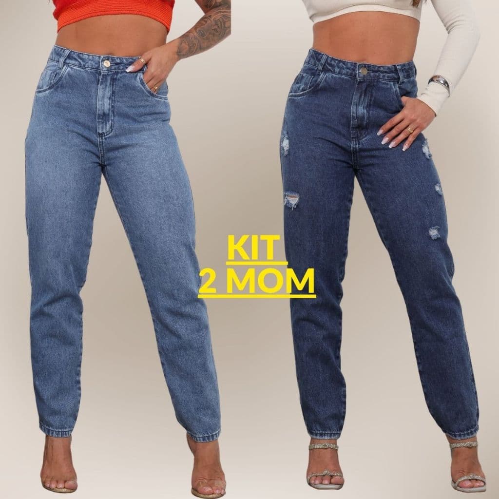 KIT 2 CALÇAS MOM FEMININA CÓS ALTO 100% ALGODÃO SEM ELASTANO EMPINA BUMBUM RETA