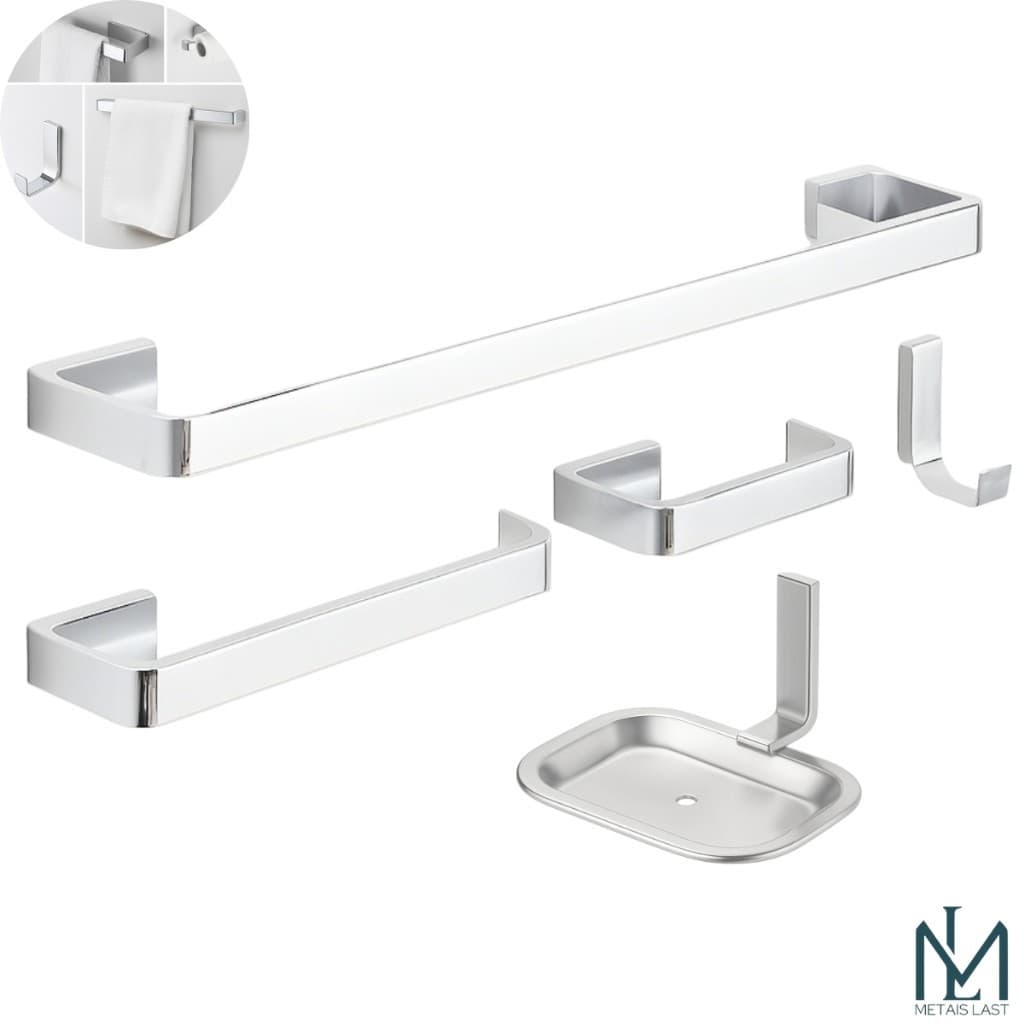 Kit Acessórios Luxo 5 Peças Para Banheiro Quadrado Metal Cromado