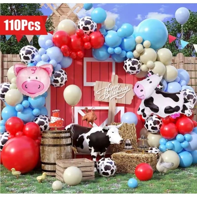 Kit 110 Balões Fazendinha Menino Balões azul com vermelho balões animais fazenda vaquinha porquinho
