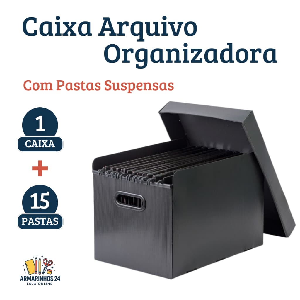 Caixa Organizadora Plástica Arquivo Pasta Suspensa Preta A4 Tampa Kit 1 Caixa + 15 Pastas Pretas Organização Escritorio