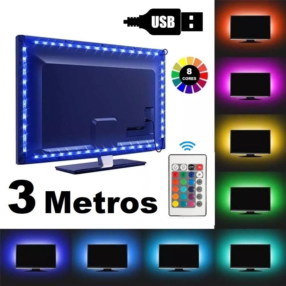 Fita LED RGB Multicores 3 Metros Cabo USB Controle Remoto TV PC 90 LEDs 5050 IP65 Com Silicone