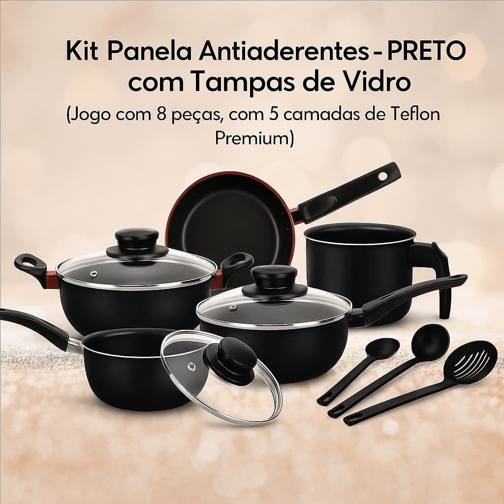 Kit Panelas Antiaderentes - PRETO com Tampas de Vidro (Jogo com 8 peças, com 5 camadas de Teflon Premium)