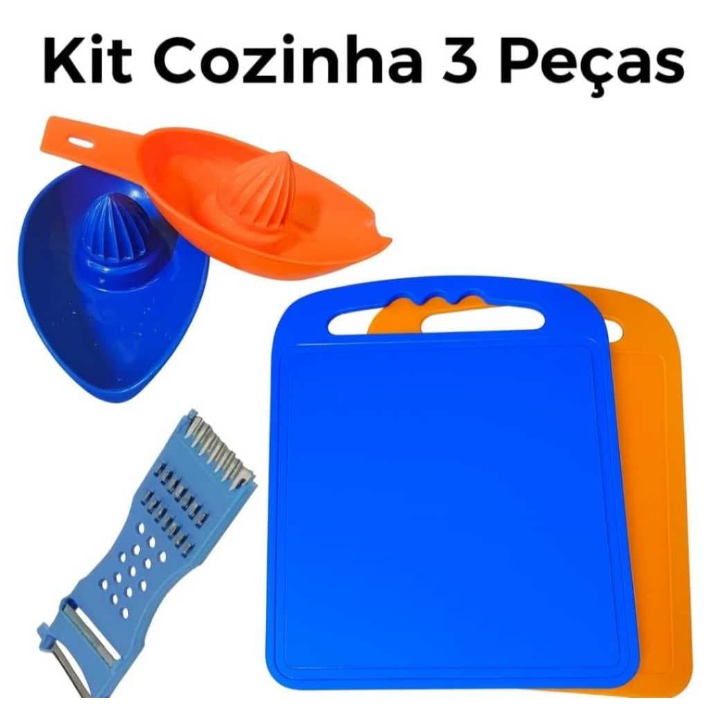 Kit Cozinha 3 Peças: Tábua de Corte, Espremedor de Frutas e Descascador de Legumes 5 em 1 Prático