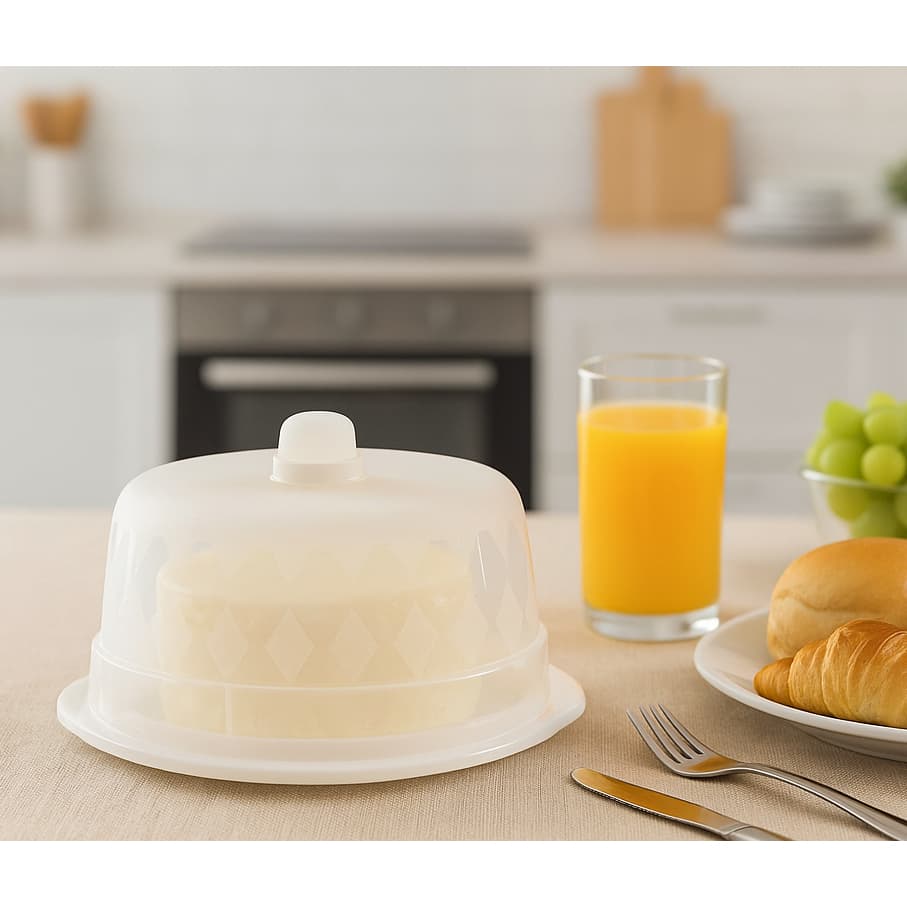 Porta queijo Queijeira redonda com tampa plástico prato com alça cor branco