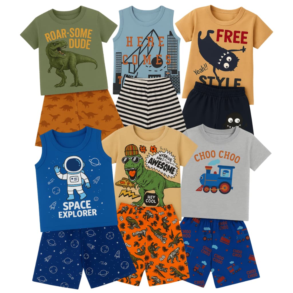 Kit 6 Peças Roupas Conjunto Verão Menino Infantil Sortido 1 a 8 anos (3 camisetas e 3 bermudas)