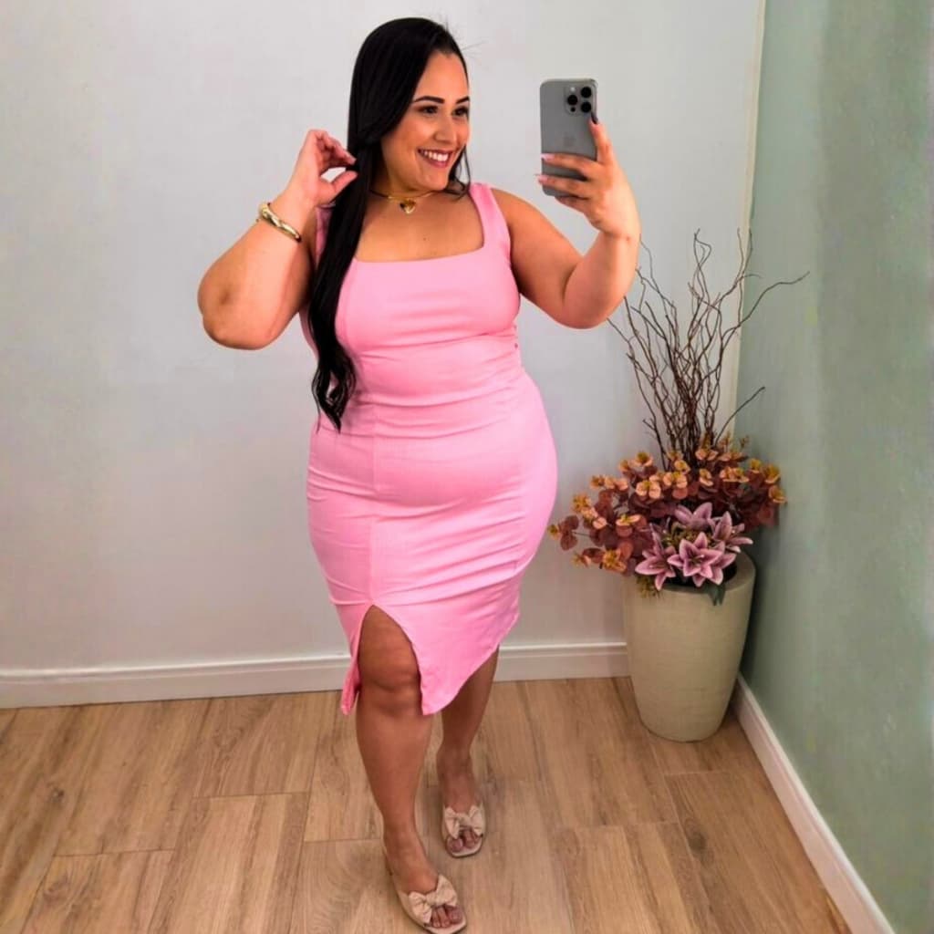 Vestido Midi Plus Size Regata Gola Quadrada Com Fenda Frontal Conforto Elegancia No Verao