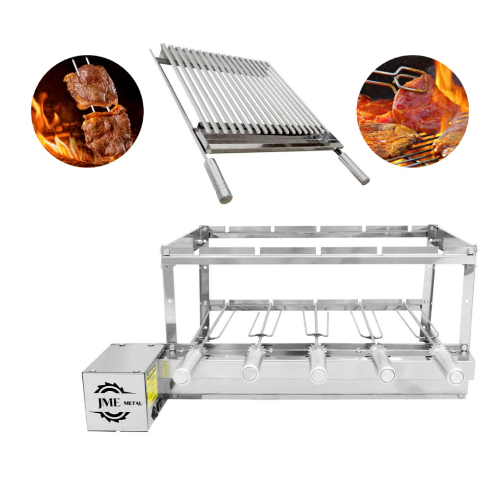 Churrasqueira Grill Elétrico Giratório 100% Inox 5 Espetos + Grelha Argentina