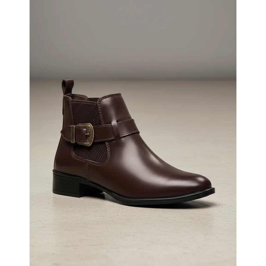 Bota Chelsea Feminina Bico Fino  Fivela 100% Couro Legitimo Confortável Café Estilo Country Delicada Dia a Dia