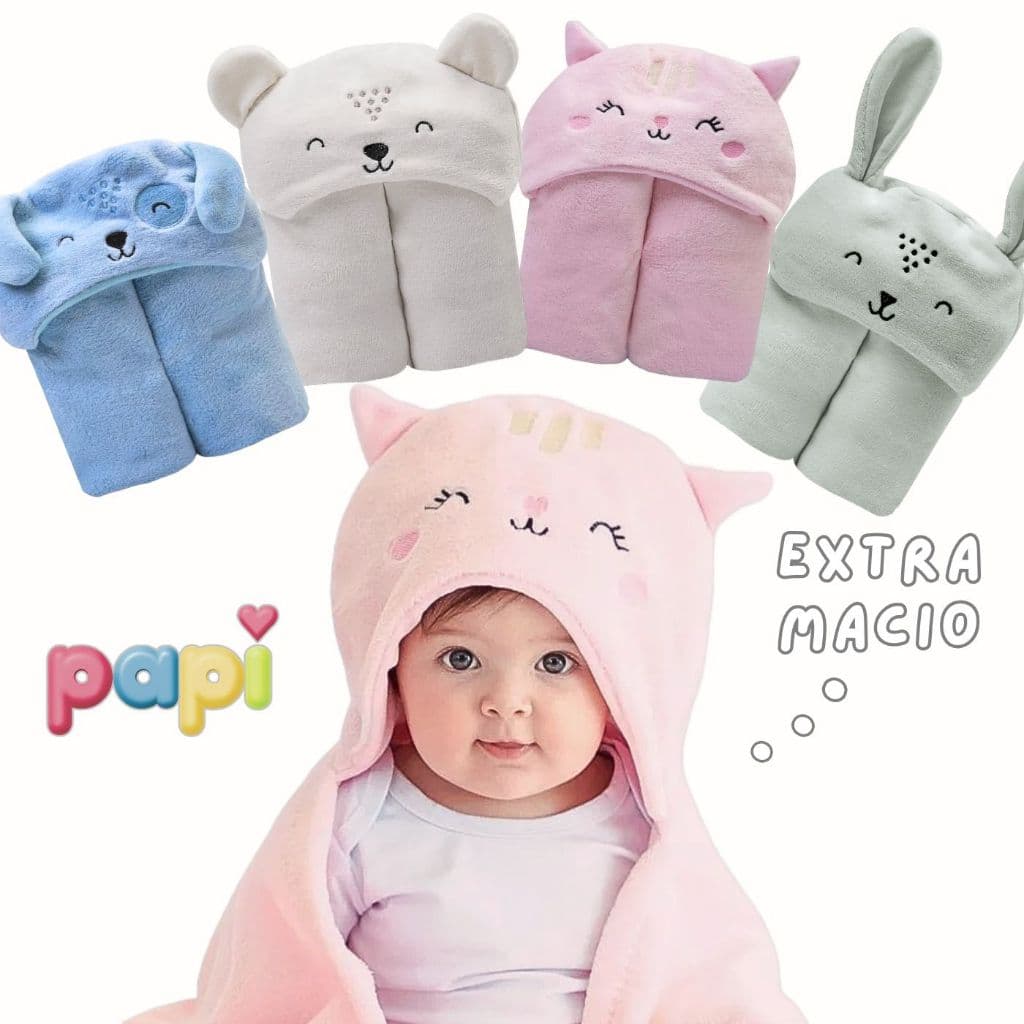 Manta Cobertor Bebê Papi com Capuz | 110x85cm Microfibra Extra Macia Recém-Nascido