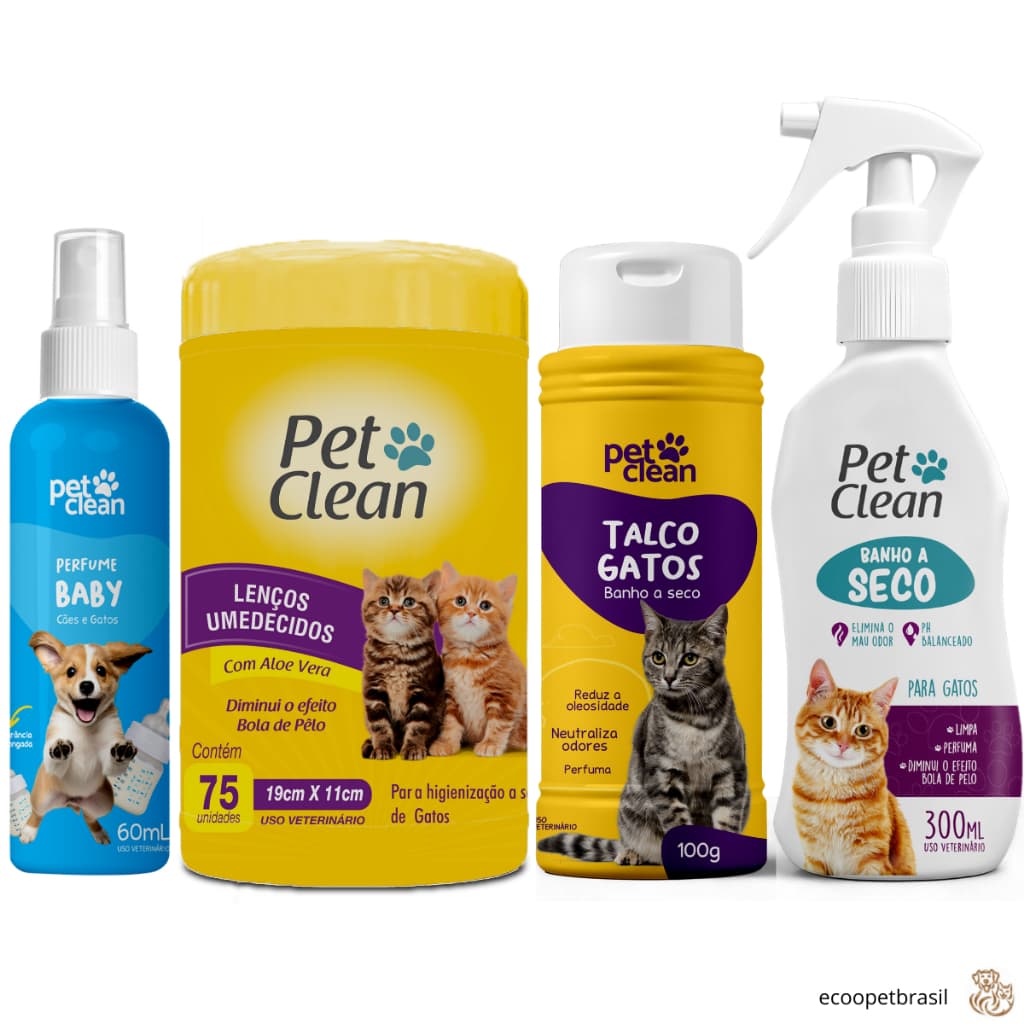 Kit Banho a Seco para Gatos 300ml + Lenço Umedecido 75 unidades + Talco 100g Gatos + Perfume 60ml