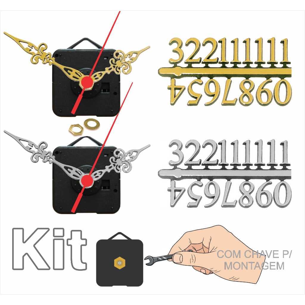 10 Máquinas Para Relogios + Ponteiros Luiz XV + Números Arábicos Dourado e Prata + Chave p/ Montagem