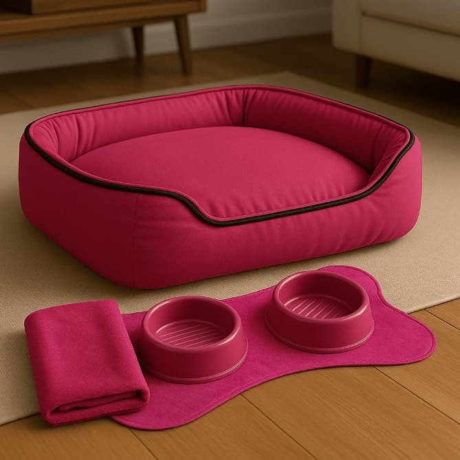 Cama Europa de Luxo para Cachorros e Gatos com Tapete em Osso + 2 Comedouros | PP ao GG