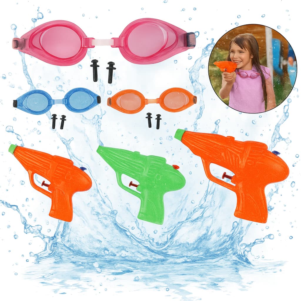 Kit Pistola Lança Água + Óculos Natação Infantil Até 30 Unidades Lembrancinha Criança Menino Menina