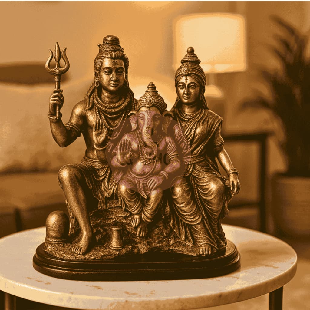 Estátua Família Hindu Shiva Parvati Ganesha Deus Híndu Indiano Trindade Resina 27cm