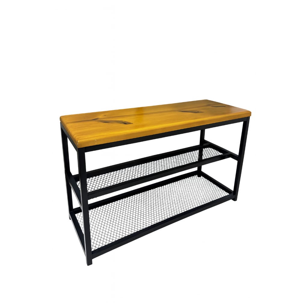 Banco Sapateira Organizador Estilo Industrial C/ Tela 80cm Madeira Maciça Premium Cor Preta/Branca