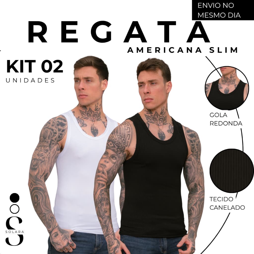 KIT 02 Regata Americana Slim Masculina Algodão Canelado Casual Fitness Basica Justa