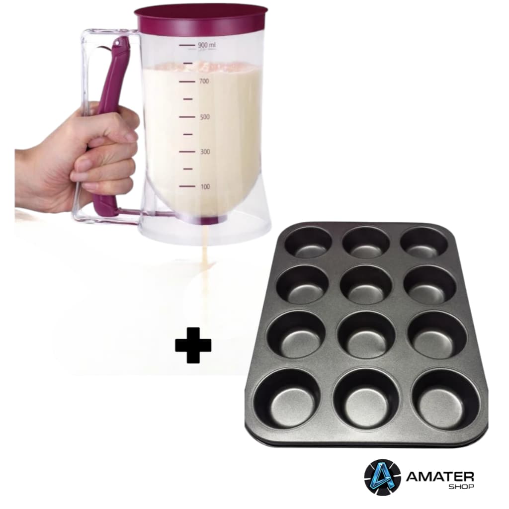 Kit Copo Dispenser Dosador Medidor De Massas 900ml + Forma Antiaderente Multiuso Cupcake Bolinho