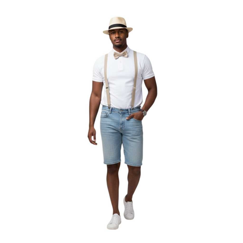 Kit Moda Vintage: Chapéu Panamá + Suspensório + Gravata Borboleta Masculina