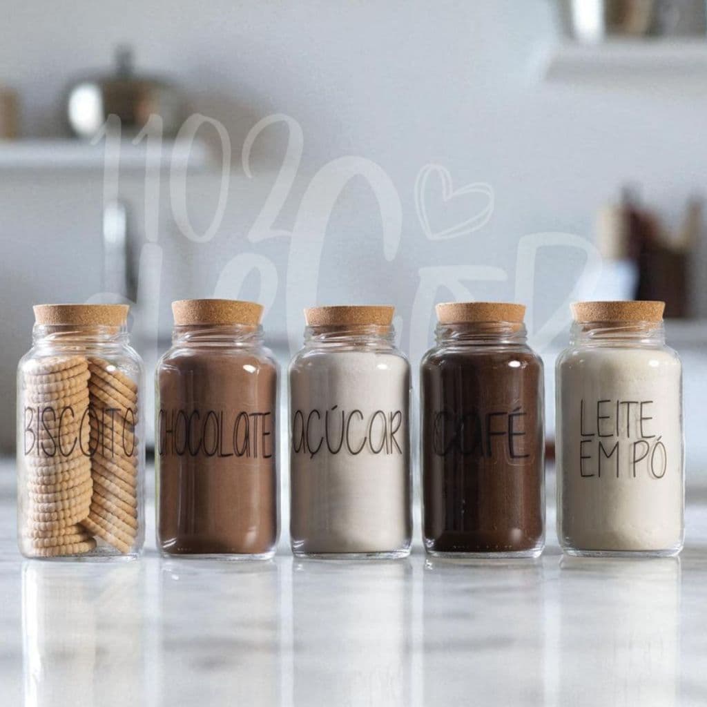 Kit Cantinho do Café | Café, Açúcar, Biscoito, Leite em Pó, Chocolate | 5 Potes de Vidro | Mantimento