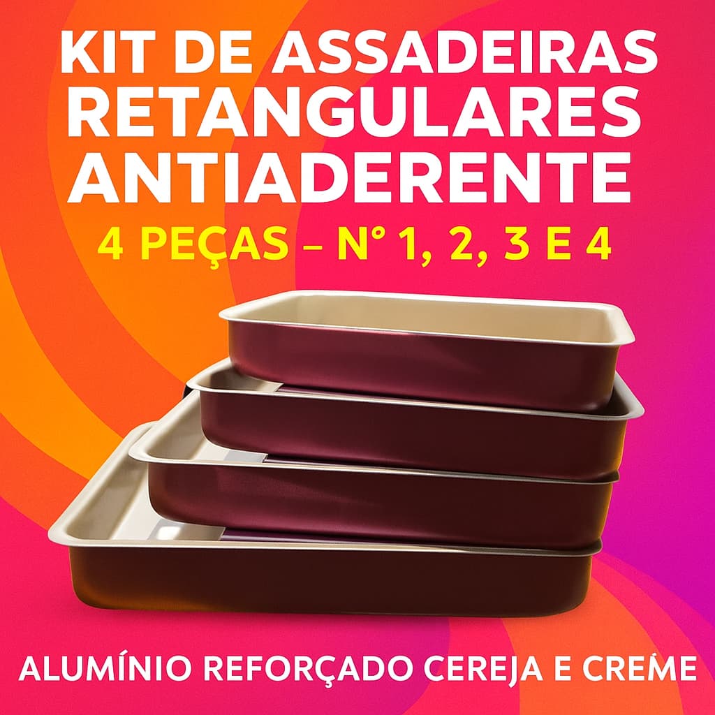 Kit de Assadeiras Retangulares Antiaderente 4 Peças – Nº 1, 2, 3 e 4 – Alumínio Reforçado Cereja Creme