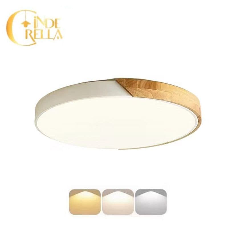 Luminária de Teto Plafon 40cm  Design Minimalista Redondo, Madeira + Metal luz  3 em 1 36w