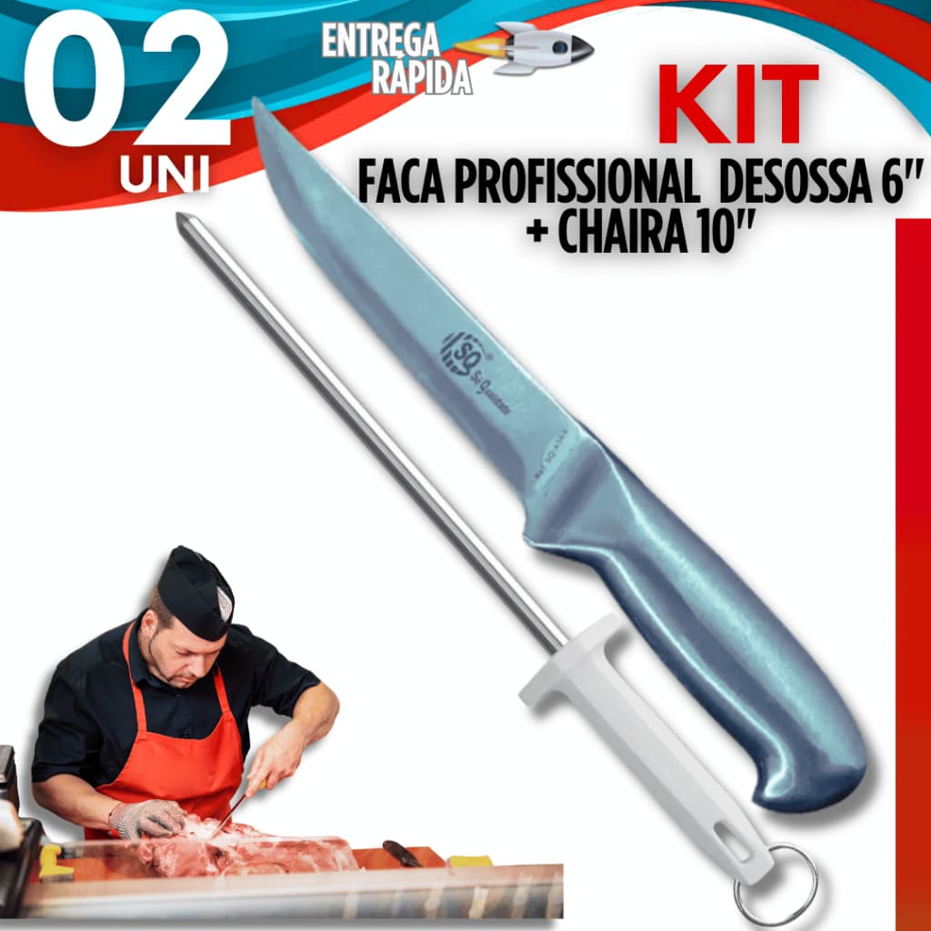 Faca de Desossa Desossar 6 + Chaira 10 Amolador Afiador Açougue Churrascaria Entre as Melhores