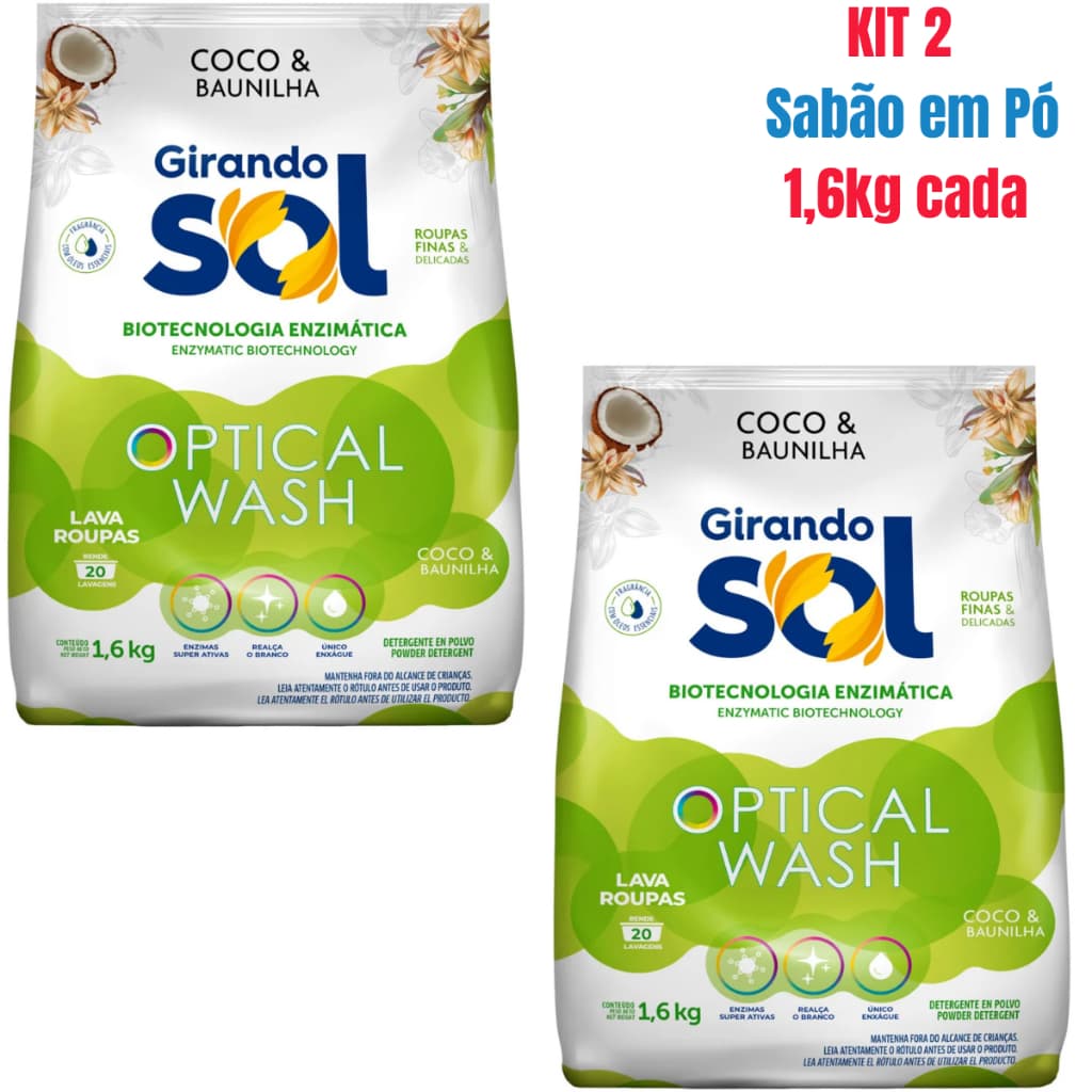 Kit  2 - Sabão em Pó Coco & Baunilha - Girando Sol Para Lava Roupas - 1,6Kg -  Até 20 lavagens cada