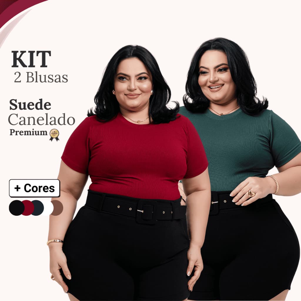 Kit 2 Blusas Plus Size Feminina Suede Canelado Premium T-Shirt Basica