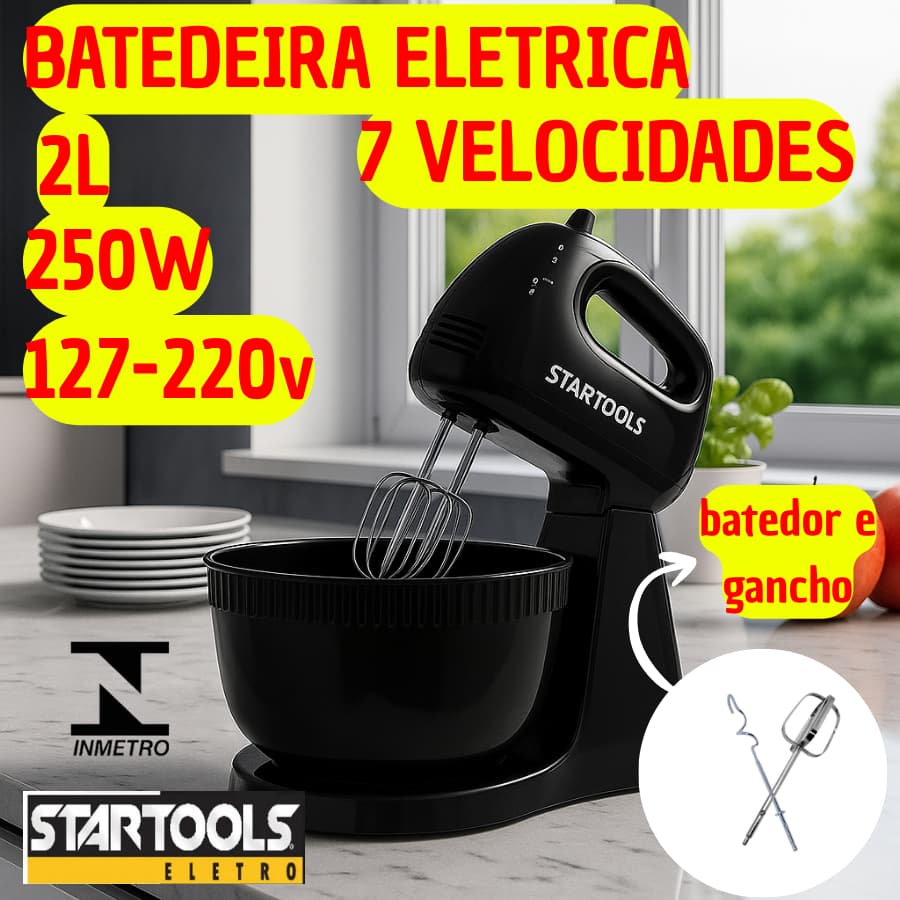 Batedeira Eletrica 2L 127V Ou 220V Potente 250W C/ Batedor E Gancho Resistente 7 Velocidades Prática