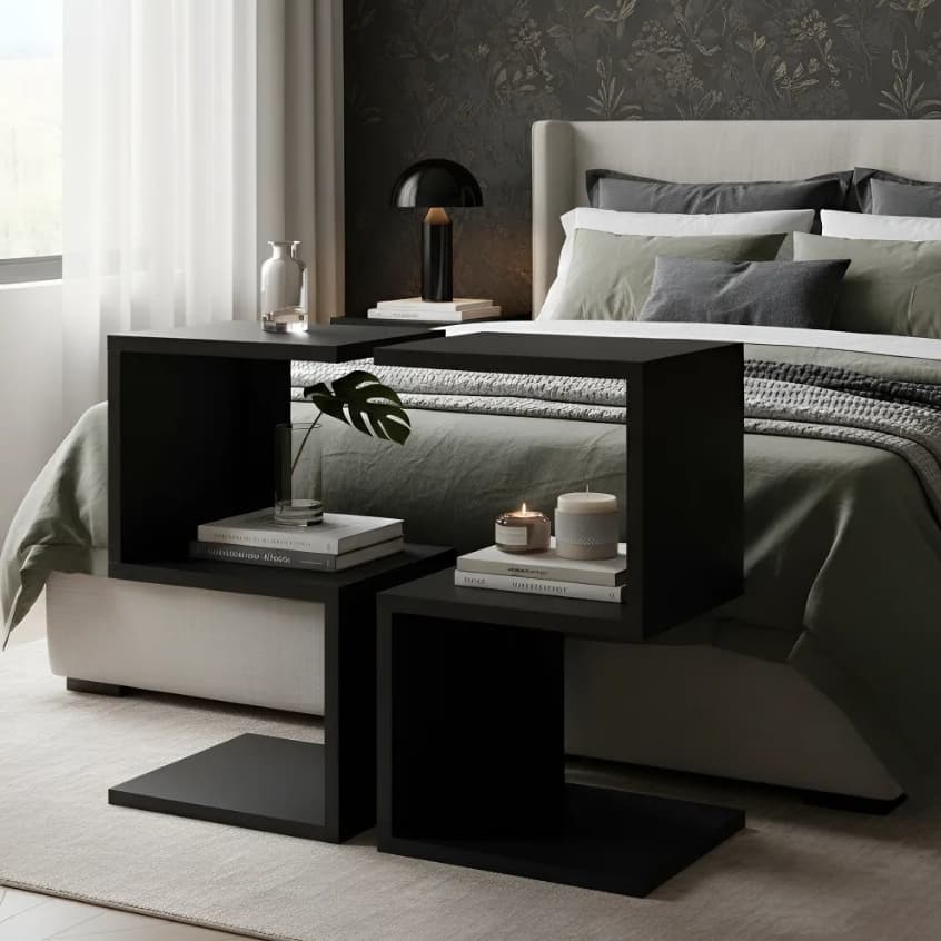 Kit Mesa de Cabeceira S e Z Preto MDF Nicho Quarto Sala Escritório Moderno Minimalista Elegante Casa