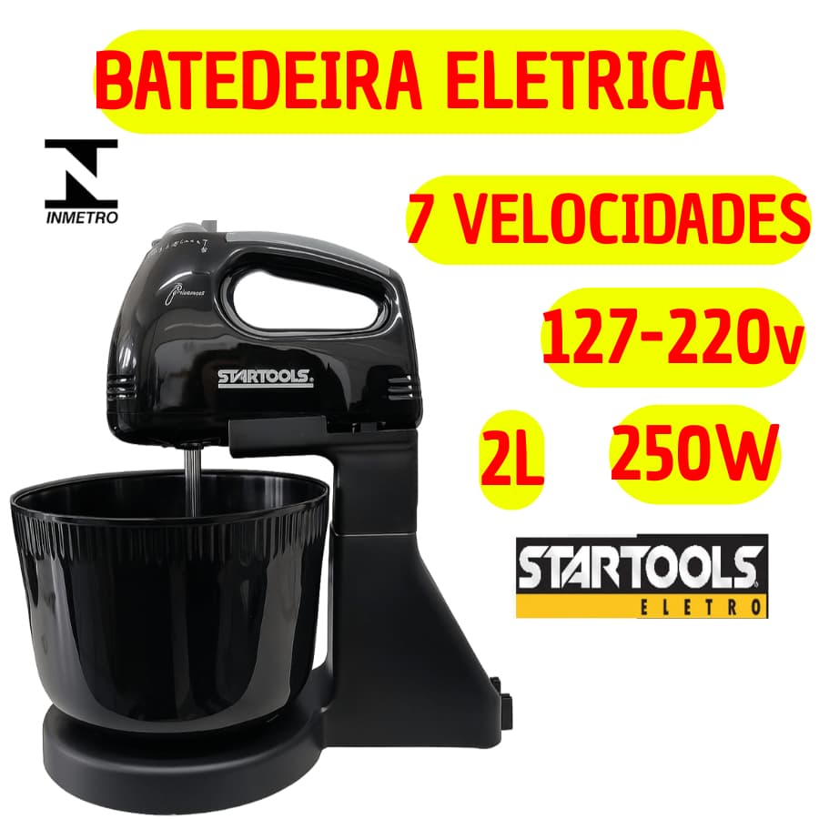 Batedeira Eletrica 2L 250W Potente 127V Ou 220V 7 Velocidades Com Batedor E Gancho Prática