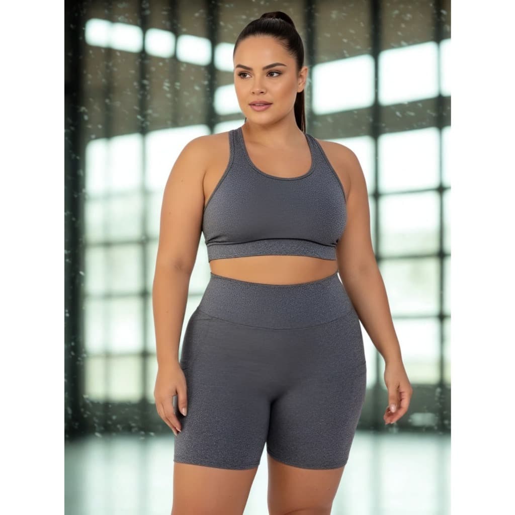 Combo Com 2 Conjuntos Plus Size Top + Bermuda Fitness Academia Treino Básica Roupas Femininas
