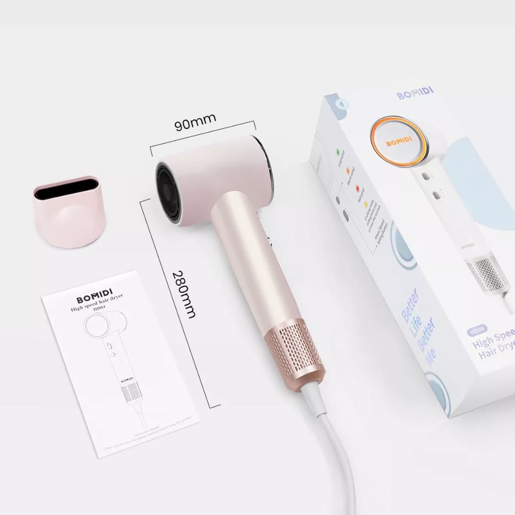 Secador de Cabelo Profissional BOMIDI Baixo Ruido De Alta Velocidade Com íons e Luz Led Viagem Bolsa